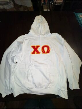 Chi Omega White Hoodie Sweatshirt with Red & Gold Greek Letters